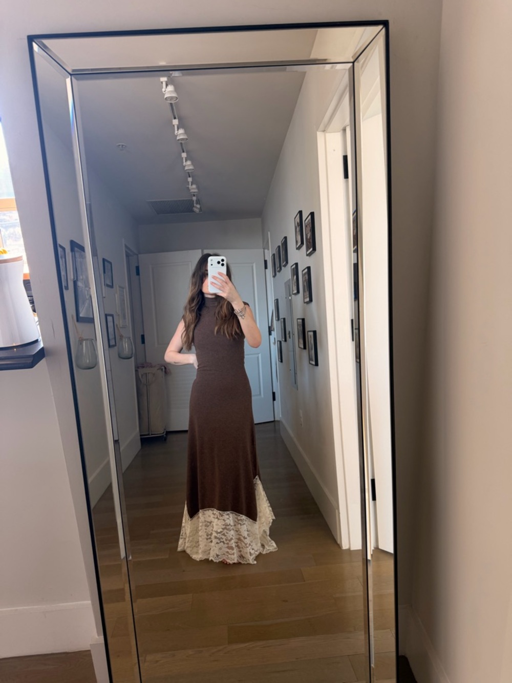 Zara Brown Maxi Dress with Cream Lace Hem